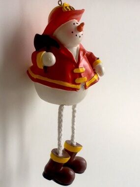Fire Department Snowman Shelf Sitter Ornament Dangling Rope Legs Fireman Gift